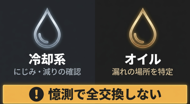 冷却系はにじみ・減りの確認、オイルは漏れの場所を特定し、憶測で全交換しないよう促す注意喚起の図。