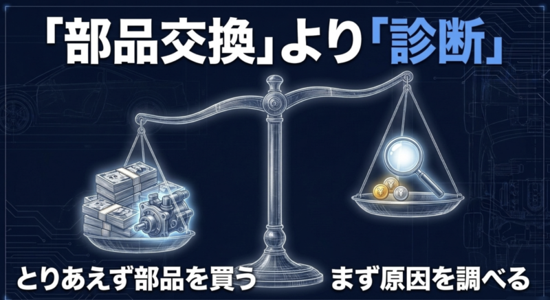 とりあえず部品を買うよりも、まず原因を調べる「診断」にお金をかけるべきという天秤の図