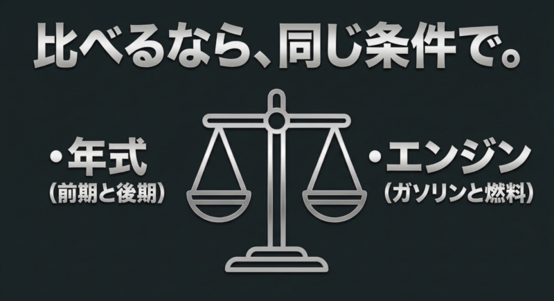 年式（前期と後期）やエンジン（ガソリンと燃料）など、同じ条件で比べることを天秤で表したイラスト