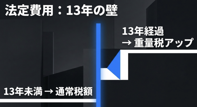 13年経過すると重量税がアップし、13年未満なら通常税額であることを説明する図