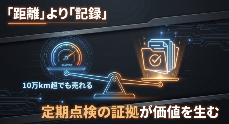 12万kmなど10万kmを超えた車でも、定期点検の証拠が価値を生むことを解説するスライド