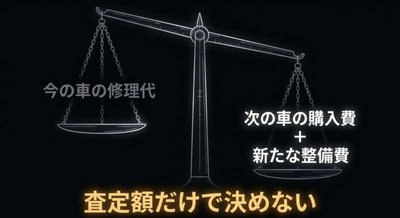 今の車の修理代と、次の車の購入費＋新たな整備費を天秤にかけ、単純な査定額だけで修理か売却かを決めないよう促す比較図。