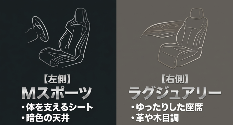 Mスポーツの体を支えるシートとラグジュアリーのゆったりとした座席の違いを示すイラスト