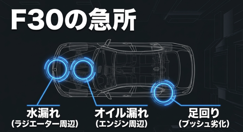 F30の急所としてラジエーター周辺の水漏れ、エンジン周辺のオイル漏れ、足回りのブッシュ劣化を挙げた図