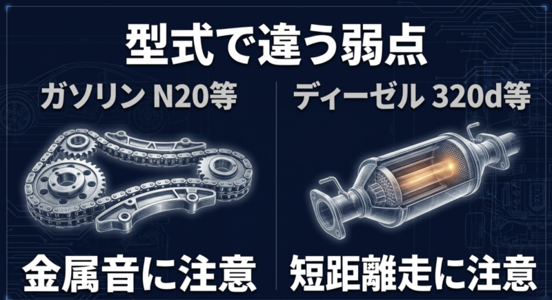 ガソリン車（N20等の金属音）とディーゼル車（320d等の短距離走行）における弱点の違い