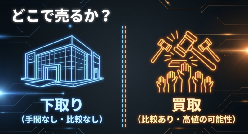 手間がない下取りと、比較して高値の可能性がある買取の違いを示すスライド