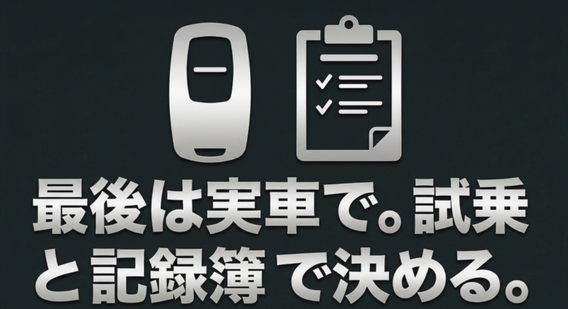 最後は実車で、試乗と記録簿で決めることを伝えるチェックリストのイラスト