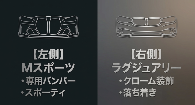 Mスポーツの専用バンパーとラグジュアリーのクローム装飾の違いを示すイラスト