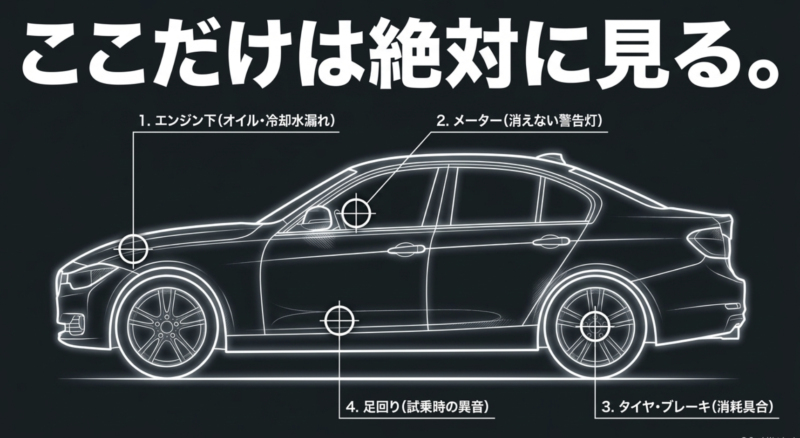 ここだけは絶対に見る。エンジン下、メーター、足回り、タイヤ・ブレーキの確認ポイント