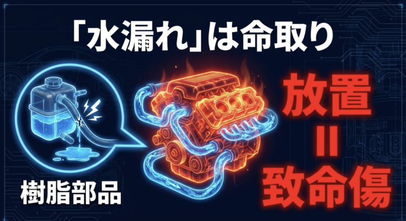 水漏れや樹脂部品の放置が車の致命傷につながることを示す警告