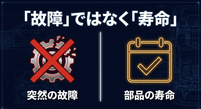 部品のトラブルを「突然の故障」ではなく「部品の寿命」として捉える図解