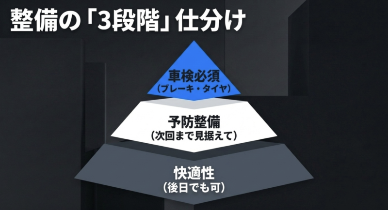 整備項目を車検必須、予防整備、快適性の3段階に分ける考え方を示す図