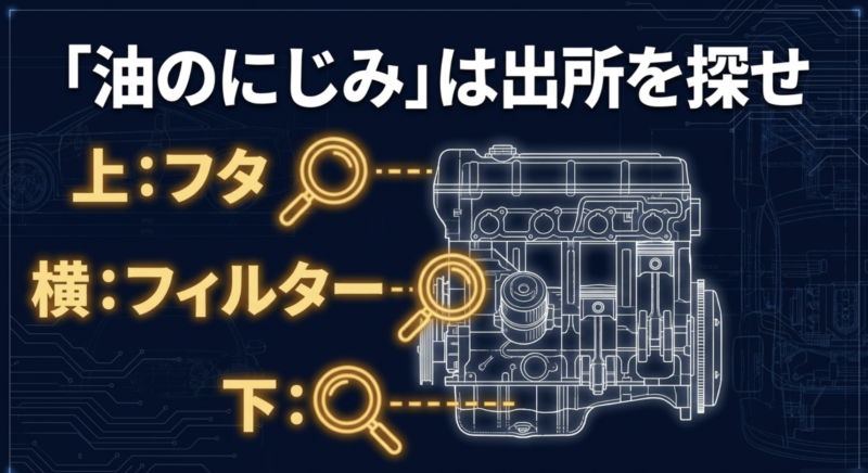 エンジン周りの油のにじみを探す3つのポイント（上：フタ、横：フィルター、下：オイルパン）