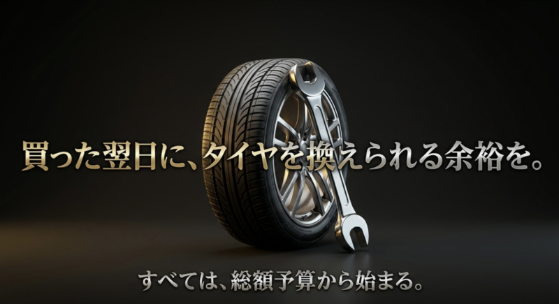 買った翌日にタイヤを換えられる余裕を持ち、総額予算から車選びを始めることを勧めるメッセージ