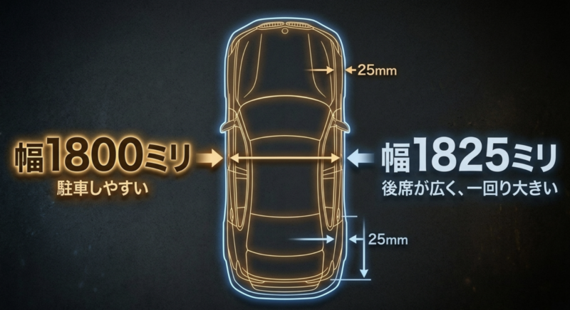 F30の全幅1800mmとG20の全幅1825mmのサイズ差と、後席空間の違いを示す比較図