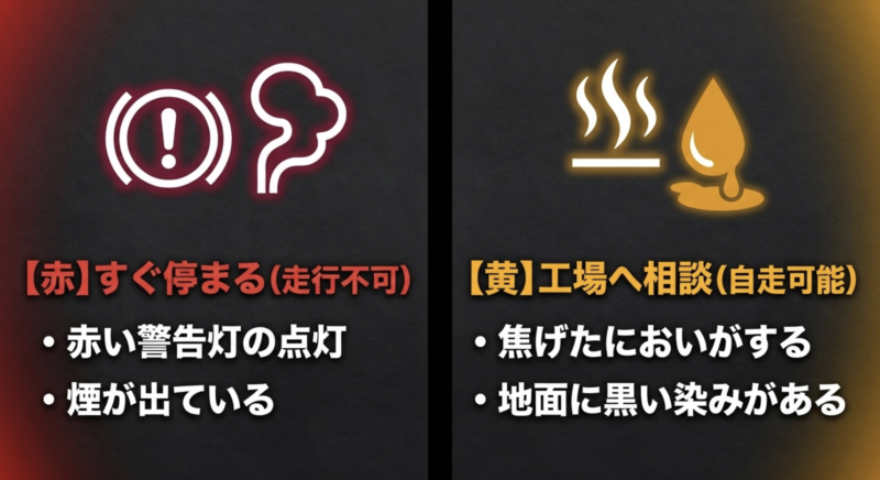 赤い警告灯の点灯はすぐ停まる、焦げたにおいは工場へ相談など、症状別の危険度サイン