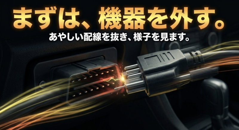 まずは、機器を外す。あやしい配線を抜き、警告の変化や車の様子を見る手順を示したイメージ画像