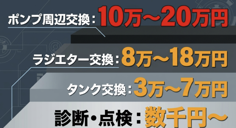 ポンプ周辺交換は10万〜20万円、ラジエター交換は8万〜18万円、タンク交換は3万〜7万円、診断・点検は数千円から