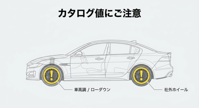 車高調やローダウン、社外ホイールの装着により、カタログ値の寸法と実車寸法が異なる場合があることを注意喚起する図解
