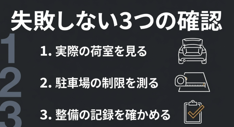 実際の荷室を見る、駐車場の制限を測る、整備の記録を確かめるという、中古車購入で失敗しないための3つの確認事項をまとめたスライド。