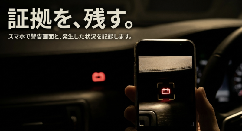 証拠を、残す。スマホでBMWの警告画面と発生した状況を撮影・記録している様子を示したイラスト