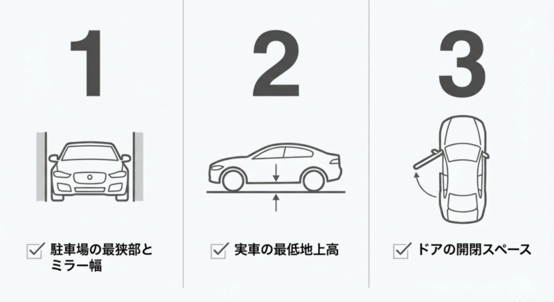 駐車場での確認ポイントとして、1.駐車場の最狭部とミラー幅、2.実車の最低地上高、3.ドアの開閉スペースの3点を示す図解