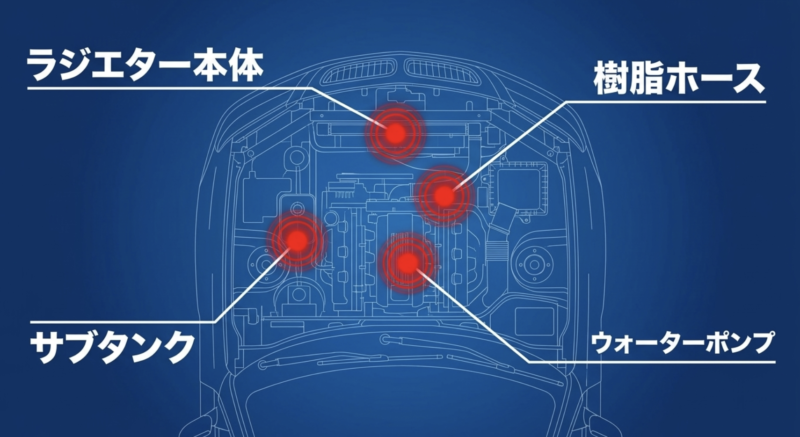 ラジエター本体、樹脂ホース、サブタンク、ウォーターポンプなど、冷却水が漏れる主な箇所