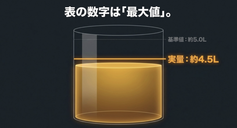 オイル容量の基準値と実量が異なり、表の数字は最大値であることを示すスライド
