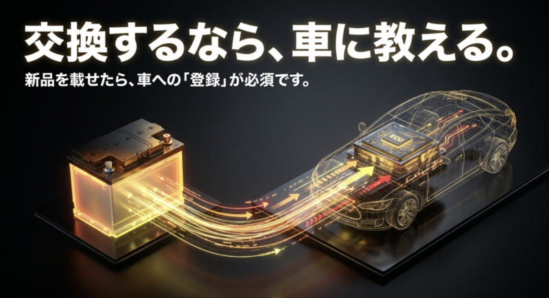 交換するなら、車に教える。BMW F30に新品バッテリーを載せたら専用診断機で車への「登録」が必須であることを示すイラスト