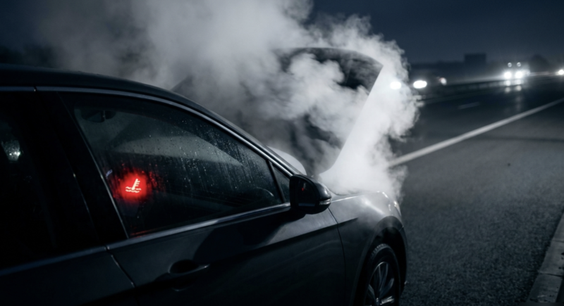 夜間の道路でオーバーヒートを起こし、ボンネットから白煙を上げている車の様子