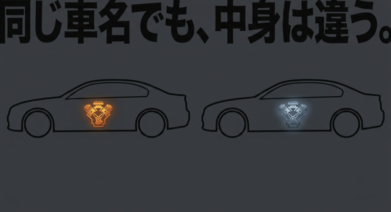 同じ車名でも中身は違うと書かれたスライド
