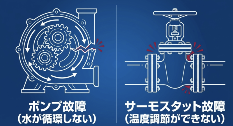 ポンプ故障は水が循環しない、サーモスタット故障は温度調節ができない