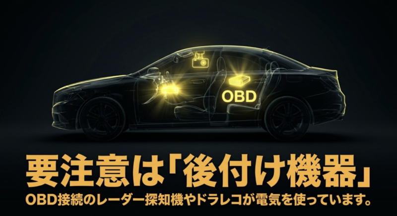 要注意は「後付け機器」。OBD接続のレーダー探知機やドライブレコーダーが駐車中に電気を使っている様子を示したイラスト